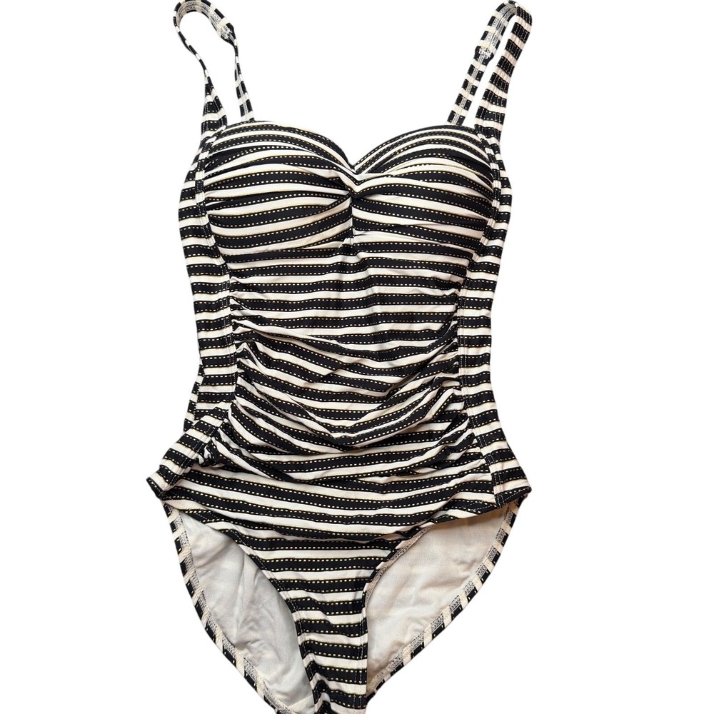 Nip Tuck Swim One Piece Swimsuit Women 4 Black White Stripe Ruched Tummy Control
